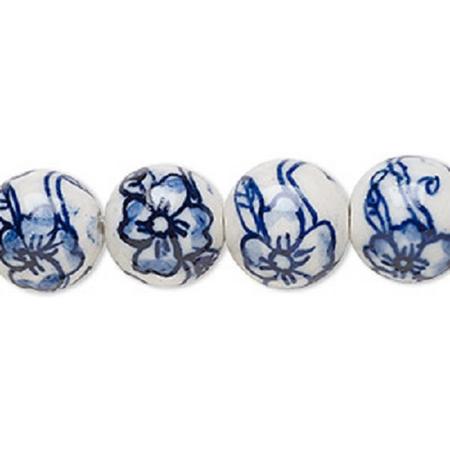 Porseleinen kralen, Delfts blauwe kralen met bloemendessin van 12mm. Verkocht per streng van 40cm (34 kralen)