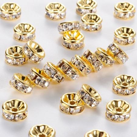 Rhinesstone spacer beads, goud met heldere chatons, 6x3mm. Verkocht per 20 stuks !