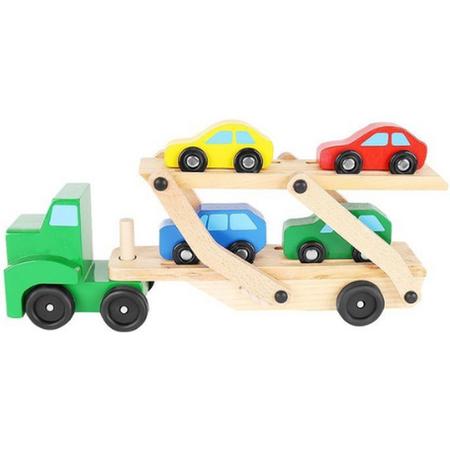 Houten kinderspeelgoed - Auto transporteur incl. 4 autos