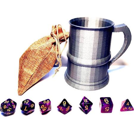 larpcenter.nl - DnD dice set -  middeleeuwse gezelschaps set - DnD dobbelstenen - paars zwart met shaker - Dungeons and Dragons - dobbelstenen