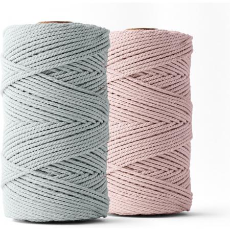 Ledent macramé touw, dubbel getwist, set van 2 (3mm, 2 x 120M, bubblegum & muisgrijs) - 100% geregenereerd katoengaren - Macramé touw in verschillende kleuren om mee te knutselen.