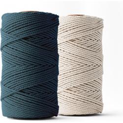 Ledent macramé touw, dubbel getwist, set van 2 (3mm, 2 x 120M, marineblauw & ecru) - 100% geregenereerd katoengaren - Macramé touw in verschillende kleuren om mee te knutselen.