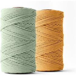 Ledent macramé touw, dubbel getwist, set van 2 (3mm, 2 x 120M, mosterdgeel en eucalyptus) - 100% geregenereerd katoengaren - Macramé touw in verschillende kleuren om mee te knutselen.
