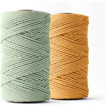 Ledent macramé touw, dubbel getwist, set van 2 (3mm, 2 x 120M, mosterdgeel en eucalyptus) - 100% geregenereerd katoengaren - Macramé touw in verschillende kleuren om mee te knutselen.