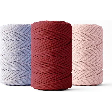 Ledent macramé touw, dubbel getwist (2mm, 3 x 70M) - 100% geregenereerd katoengaren - Macramé touw in bordeaux, lichtpaars & roos om mee te knutselen.