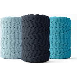 Ledent macramé touw, dubbel getwist (2mm, 3 x 70M) - 100% geregenereerd katoengaren - Macramé touw in donkerblauw, lichtblauw & turquoise om mee te knutselen.