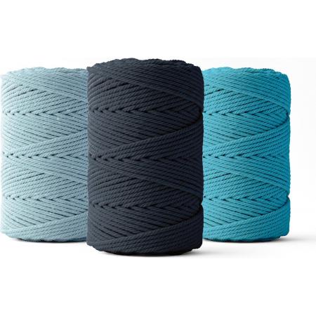 Ledent macramé touw, dubbel getwist (2mm, 3 x 70M) - 100% geregenereerd katoengaren - Macramé touw in donkerblauw, lichtblauw & turquoise om mee te knutselen.