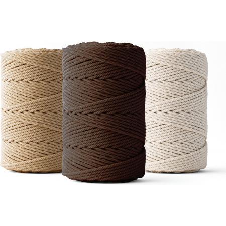 Ledent macramé touw, dubbel getwist (2mm, 3 x 70M) - 100% geregenereerd katoengaren - Macramé touw in ecru, donkerbruin & bruin om mee te knutselen.
