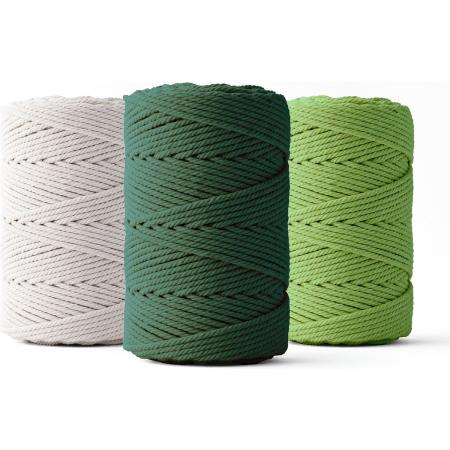 Ledent macramé touw, dubbel getwist (2mm, 3 x 70M) - 100% geregenereerd katoengaren - Macramé touw in lichtgroen, donkergroen & wit om mee te knutselen.