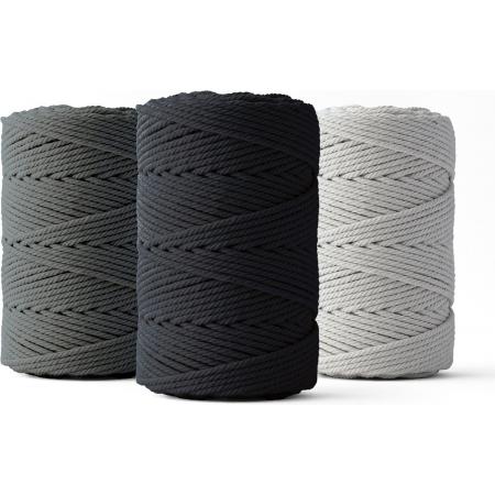 Ledent macramé touw, dubbel getwist (2mm, 3 x 70M) - 100% geregenereerd katoengaren - Macramé touw in muisgrijs, grafiet & zwart om mee te knutselen.