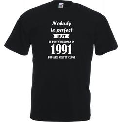 Mijncadeautje - Unisex T-shirt - Nobody is perfect - geboortejaar 1991 - zwart - maat M