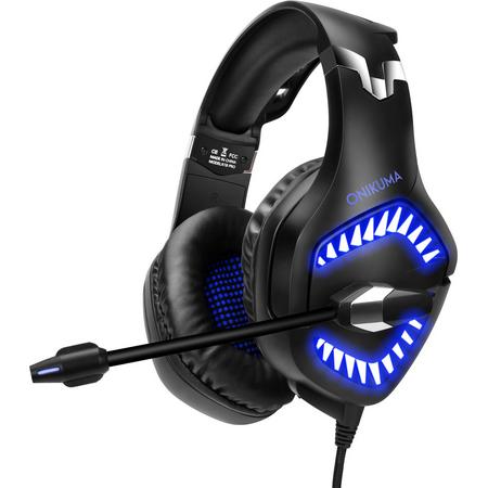 Onikuma K1-B Pro Over-ear Game Hoofdtelefoon Gaming Headset Koptelefoon Headband met Mic Stereo Bass LED licht voor PC Laptops PS4 Xbox One Nintendo Switch (Zwart-Blauw)