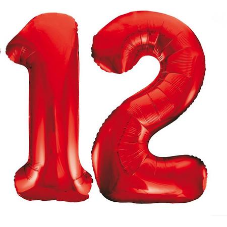Rode folie cijfer 12 ballonnen inclusief helium gevuld