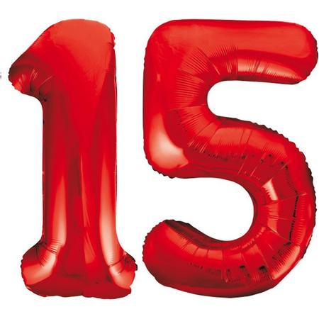 Rode folie cijfer 15 ballonnen inclusief helium gevuld