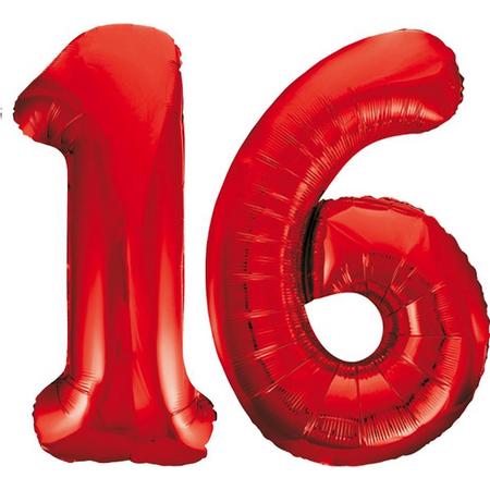 Rode folie cijfer 16 ballonnen inclusief helium gevuld