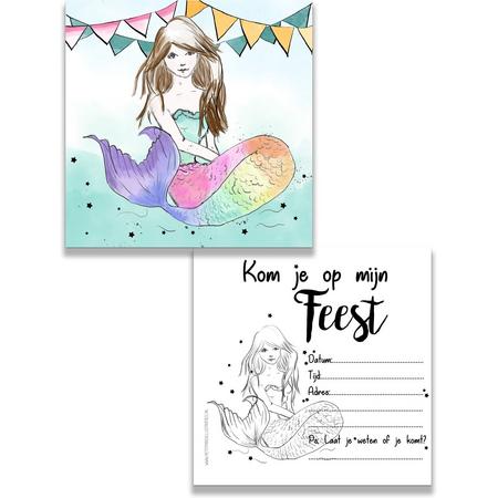 uitnodiging met zeemeermin - mermaid - kinderfeest - regenboog - 10 stuks