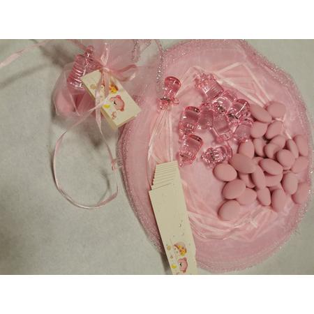 10 stuks tule roze met papflesbedeltje kaartje en chocoladebonen uitdeelcadeau geboorte babyshower