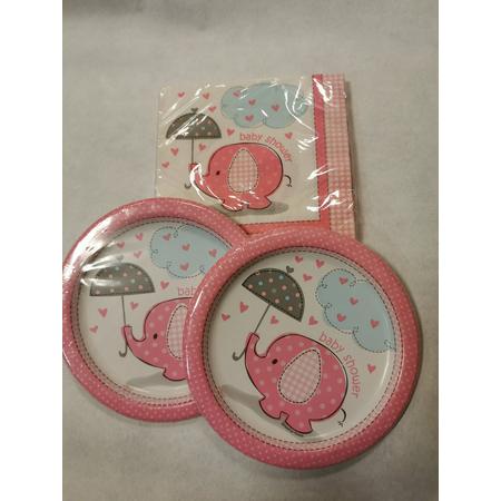 48 delig roze feestpakket kartonnen bekers, kartonnen bordjes en servetten babyshower geboorte olifant