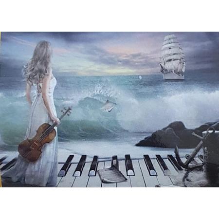Diamond painting vrouw met Piano kijk naar zee maat 40x50 ronde steentjes