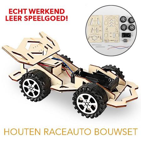 Houten raceautomodel voor montage. Werkt op batterijen (niet inbegrepen) Echt werkend.. Houten model, raceauto- Educatief speelgoed dat creativiteit stimuleert.