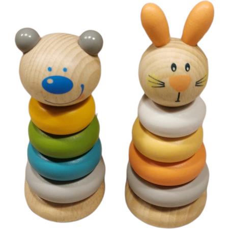 2 Houten speelgoed stapeltorentje konijn & beer