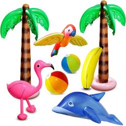 8 Stuks Opblaasbare Palmbomen Flamingo Speelgoed Opblaasbare Banaan Strand   Vliegende Papegaai Dolfijn voor Hawaii Party Luau Party Decor Strand achtergrond