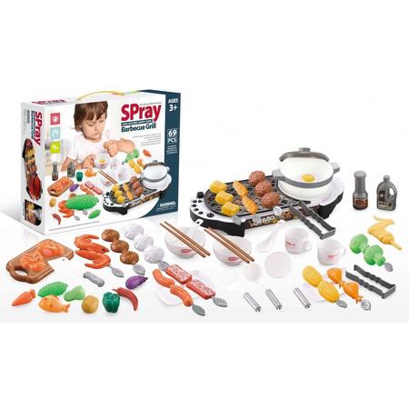 69 delige speelgoedkeuken accessoire set met grillplaat - Keukengerei met keuken benodigdheden - Etenswaren - Bakmiddelen - Met geluid en licht