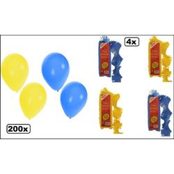 200x Ballonnen en 4x Crepe guirlande  24m blauw/geel