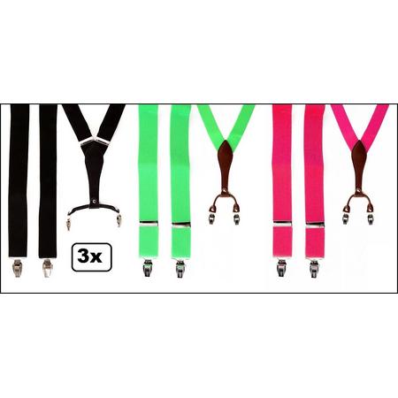 3x Bretel luxe met leder pink/zwart/groen