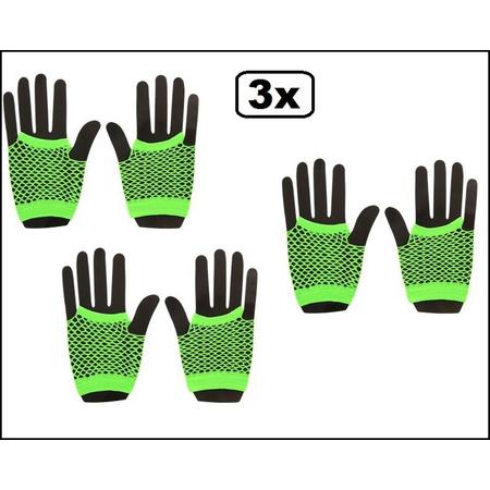 3x Paar nethandschoenen vingerloos neon groen