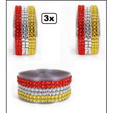 3x Strassband zelfklevend rood/wit/geel 3 meter