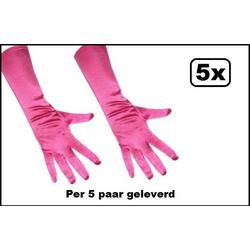 5x Paar Handschoenen satijn stretch luxe 40 cm hard roze