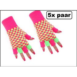 5x Paar vingerloze handschoen neon geblokt