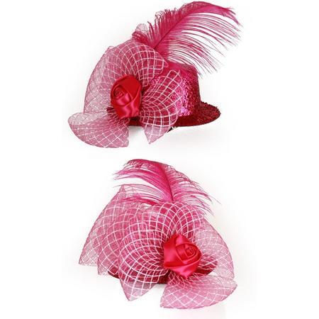 6x Mini hoedje pink glitter met bloem, veren en gaas