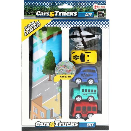 Toi-toys Cars & Trucks 5 Voertuigen Met Speelmat Weg