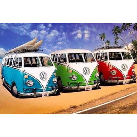 TOPMO- 3 Volkswagens op een rij - XL MAAT- Blauw, groen en een rode Volkswagen -Diamond painting pakket - HQ Diamond Painting - volledig dekkend - Diamant Schilderen – voor Volwassenen – ROND - 40 x 50 CM