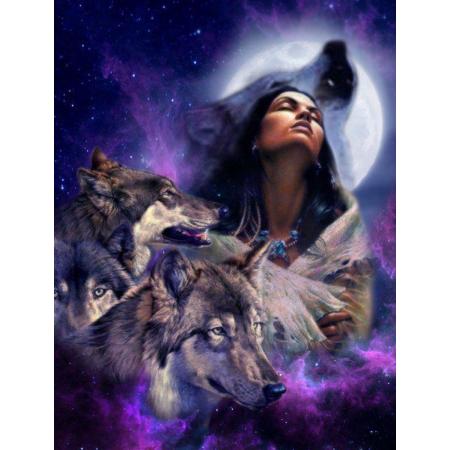 TOPMO- She wolf - Indiaan met wolven kracht -XL MAAT- 40 x 50 CM - Diamond painting pakket - HQ Diamond Painting - volledig dekkend - Diamant Schilderen - voor Volwassenen – ROND