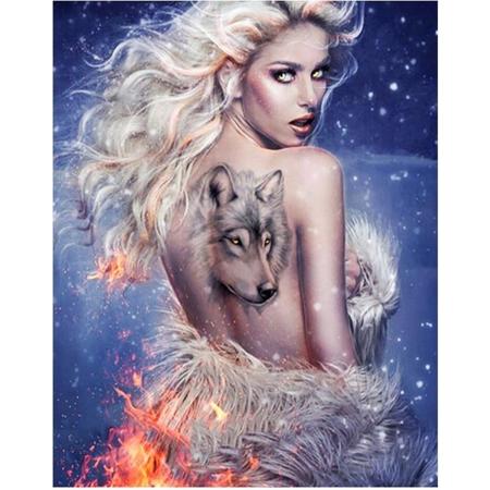 TOPMO- She wolf BOSS- Vrouw met wolven krachten- wolf tatoo - 40 x 50 CM - Diamond painting pakket - HQ Diamond Painting - volledig dekkend - Diamant Schilderen - voor Volwassenen – ROND