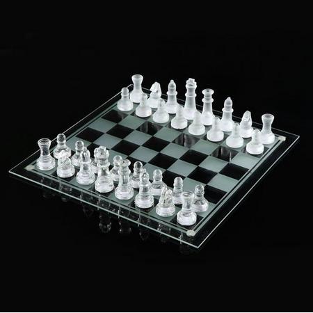 Glazen schaakspel - Schaakbord glas met glazen schaken - Luxe uitvoering