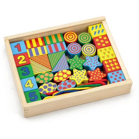 Viga Toys Rijgblokken Hout Multicolor 34-delig