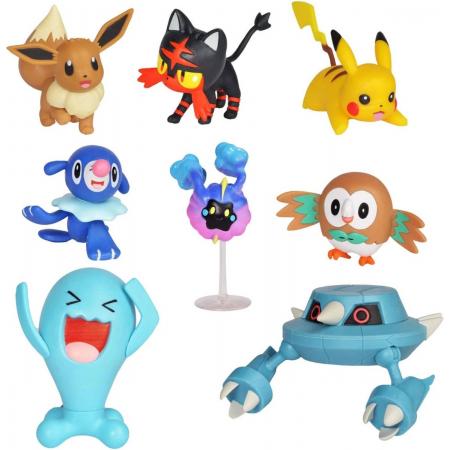 Pokémon Actiefiguur Mega Speelset - Speelgoed figuren 5-7 cm - 8 stuks - Rowlet, Popplio, Litten, Pikachu, Evee, Cosmog & Metang