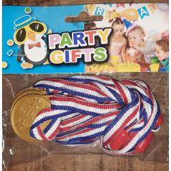 Party Gifts - 5 gouden medailles met lint rood wit blauw - uitdeelcadeau - goudkleurig plastic - voor kinderfeest 1e prijs medaille met koord - 3.5 cm