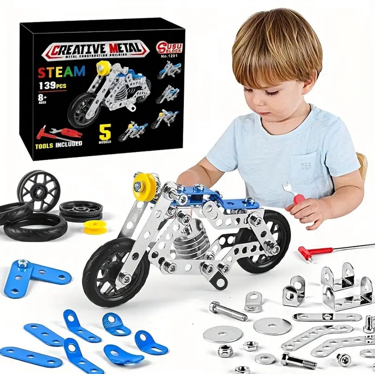 139-delige 5-in-1 Metalen Motorfiets Bouwset – Educatief DIY Speelgoed voor Kinderen