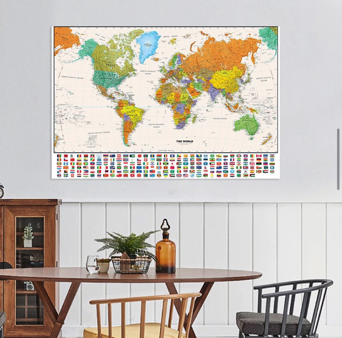 150X100Cm De Wereld Fysieke Kaart Met Vlag Voor Onderwijs En Cultuur Niet-Geweven Spray   Schilderij Huisdecoratie