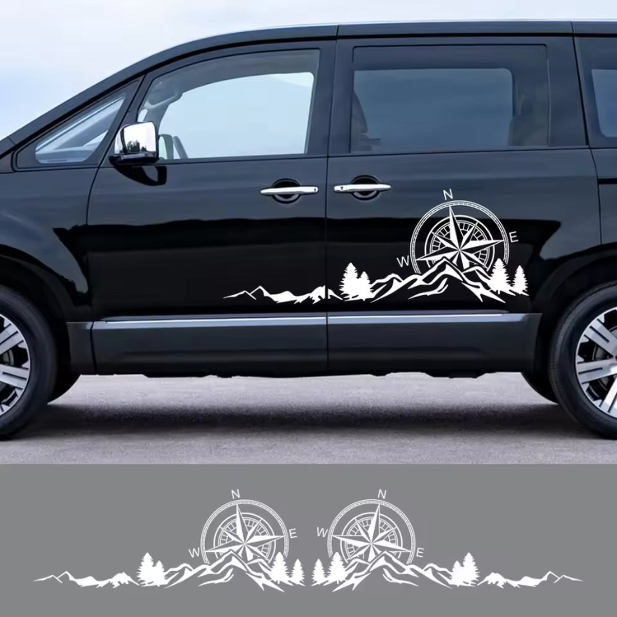 Glazend Grijs Grootte:100*37,6 cm Autostickers Bergkompas Decoratie voor SUV Camper RV Van Camper Caravan Pickup Vinyl Decal Auto Tuning Accessoires