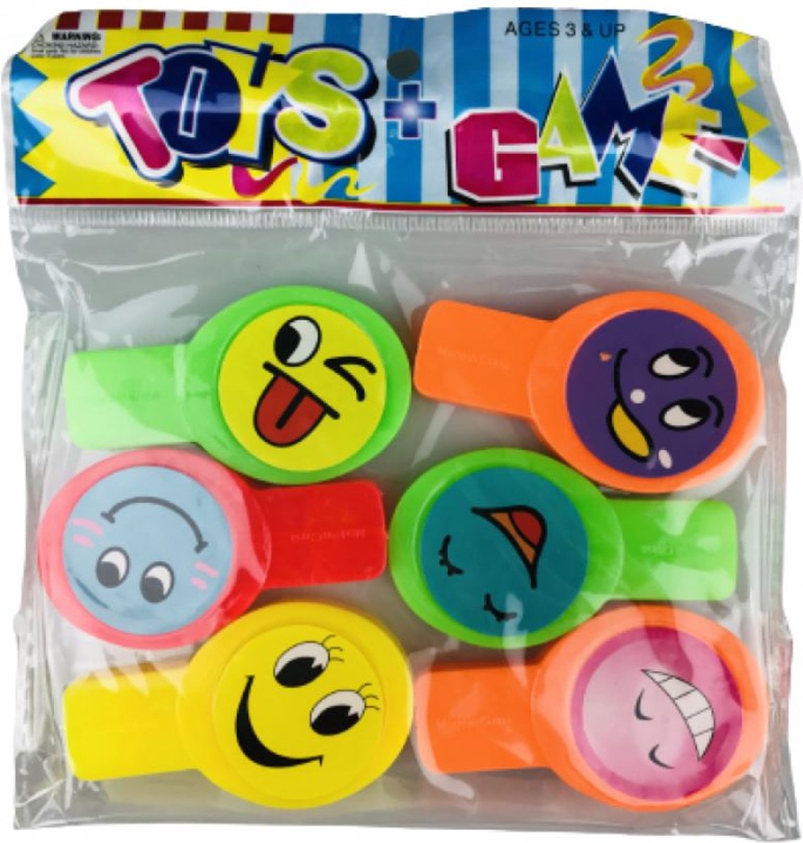 12 stuks fluitjes emoji 6 cm (2 zakjes van 6 stuks)