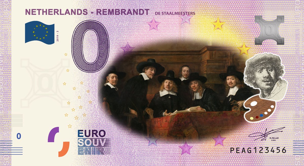 0 Euro biljet 2019 - Rembrandt De Staalmeesters KLEUR