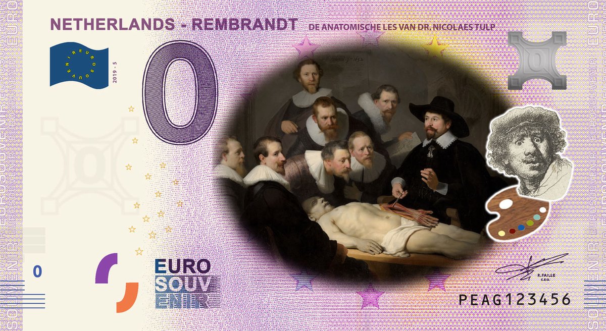 0 Euro biljet 2019 - Rembrandt De anatomische les van Dr. Nicolaes Tulp KLEUR