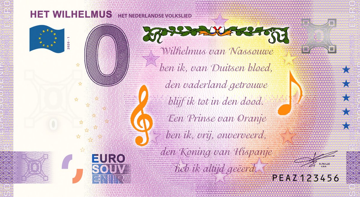 0 Euro biljet 2020 - Het Wilhelmus KLEUR