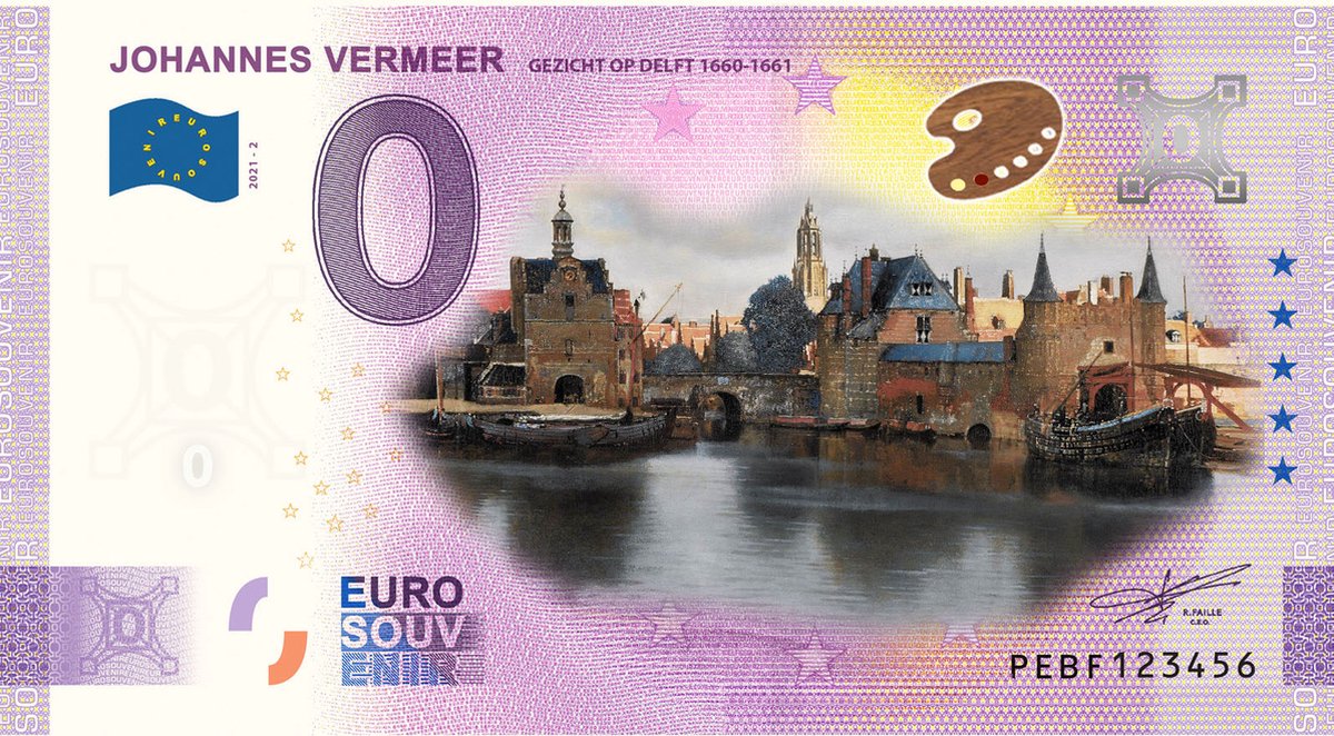 0 Euro biljet 2021 - Johannes Vermeer Gezicht op Delft KLEUR